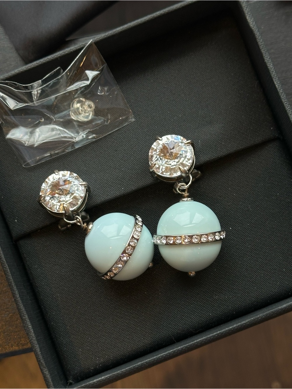 Miu Miu Blue Blue Ball Dangle Drop Earrings with Crystals